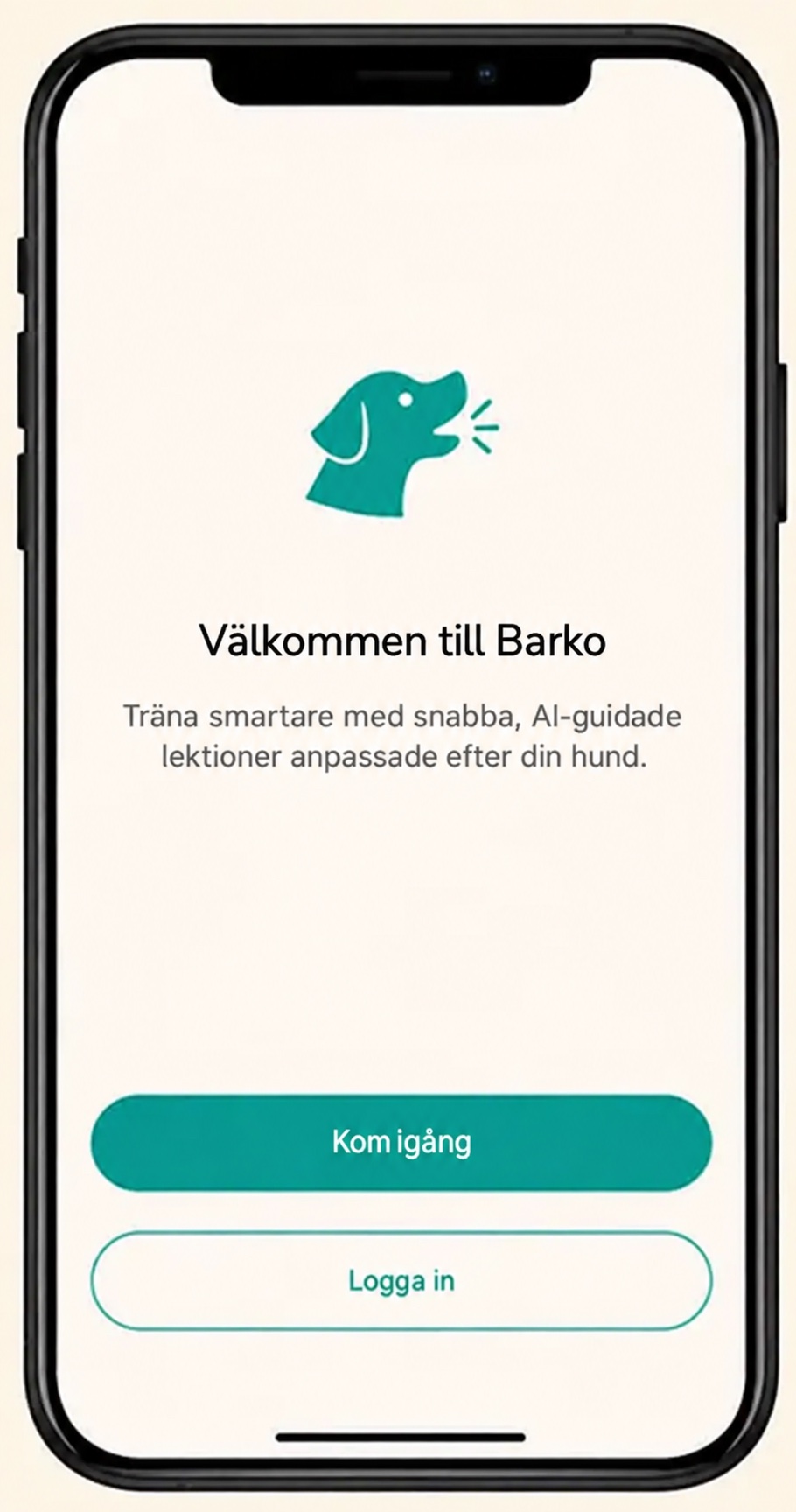 Barkos välkomstskärm med knappar för att börja och logga in.