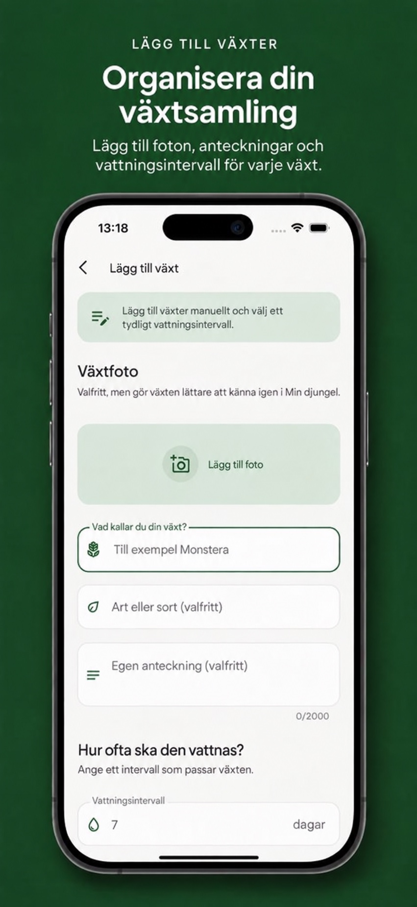 FlowerGo visar formuläret för en ny växt och vattningsintervall.