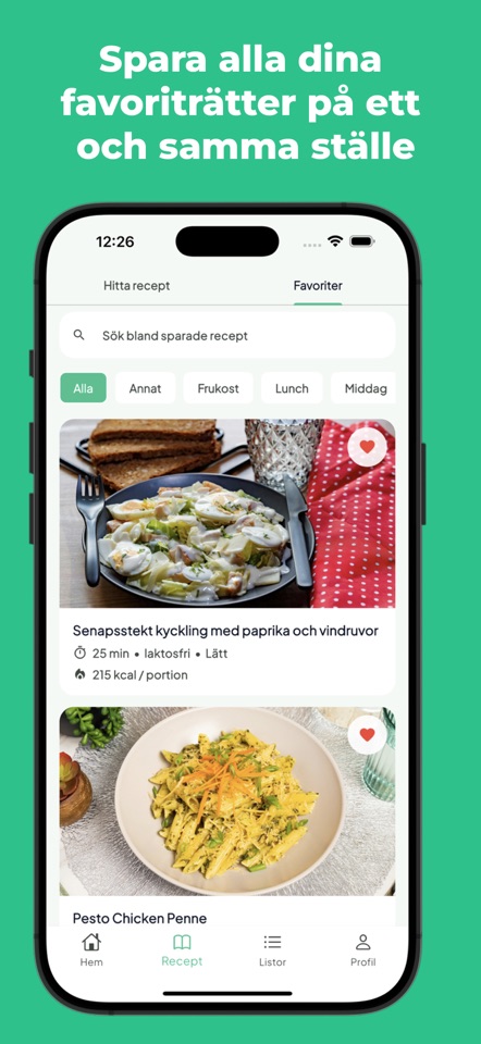 PortionGo visar sparade favoritrecept.