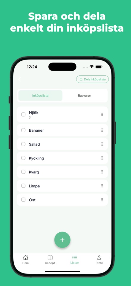 RecipeGo visar en delbar inköpslista.